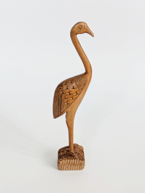 Image 1 of Midcentury Teak Wood Crane Sculpture, Hand Carved Bird, Scandinavian Modern Decor