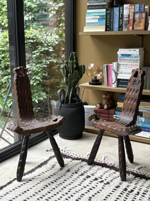 Unieke 3-delige Vintage Spaanse Brutalistische Set – Jaren '60 (2 Stoelen + Tafel)