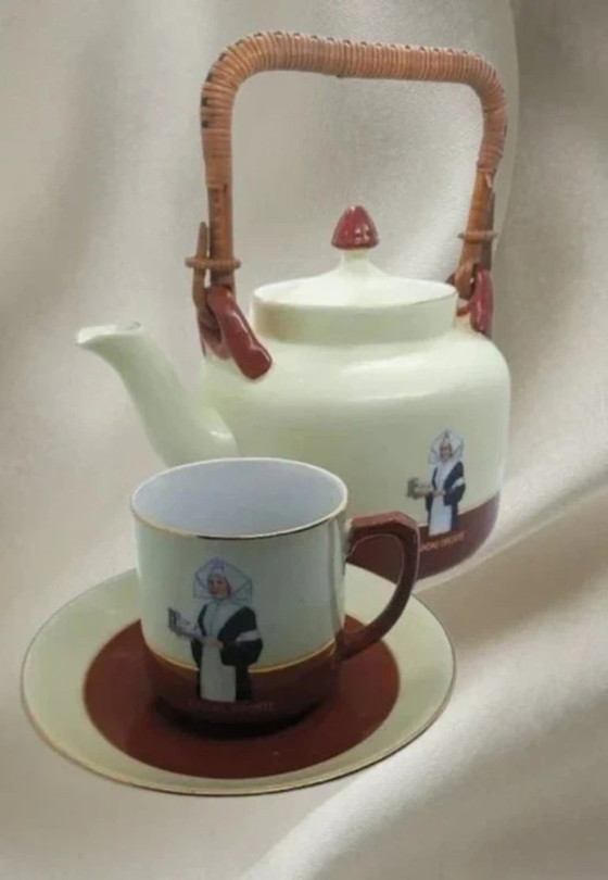 Image 1 of Set vintage del 1935 composto da brocca, tazza e piattino per cioccolata calda Droste.