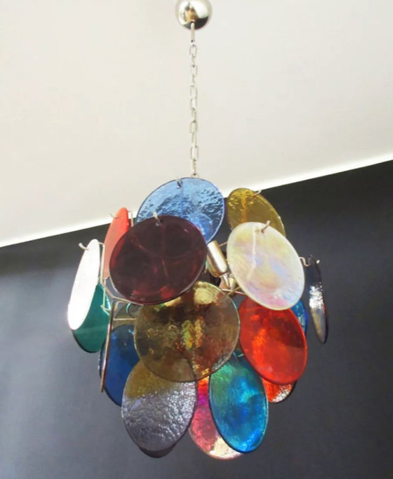 Image 1 of Pair of vintage Vistosi Murano glass chandeliers with 4 multicoloured lights, Italy 1980