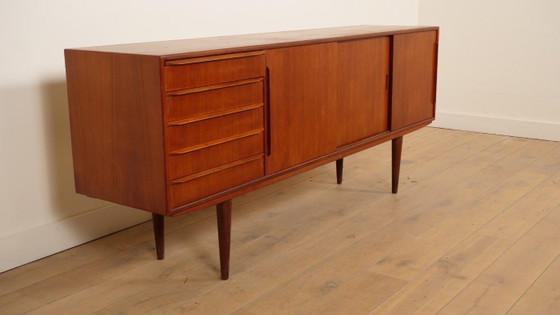 Buffet bas avec tiroirs et portes coulissantes, bois brun, Marron, Mid Century Modern (photo 2 sur 13)