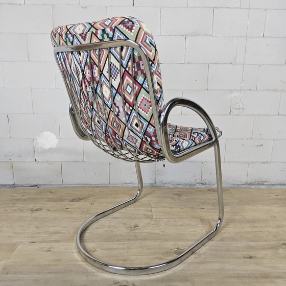 Image 1 of Vintage Gastone Rinaldi voor Rima chroom & rookglas eettafel + stoelen met kleurrijke bekleding (Itiliaans design)