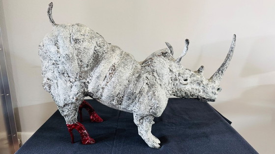 Image 1 of Bronze Rhinoceros statue with matching watercolor painting in cast iron frame