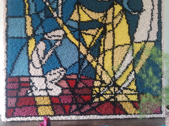 Image 1 of Wunderschönes, großes Retro-Textilkunstwerk aus Wolle aus Smyrna mit dem Titel „Verkündigung“.