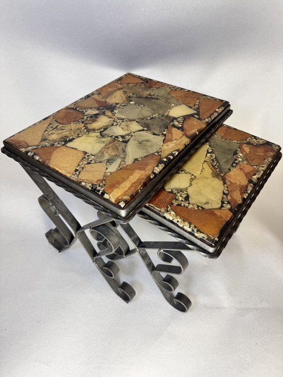 Image 1 of Set of 2 vintage mosaic tables + additional wrought iron base