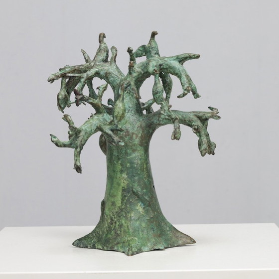 Image 1 of Patinierte Bronzeskulptur eines Baobabbaums mit Vögeln, signiert TM, 1980er Jahre