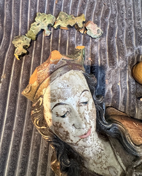 Image 1 of Statues d'église anciennes de style Riemenschneider, sculptures artisanales sur bois de Marie et Moïse