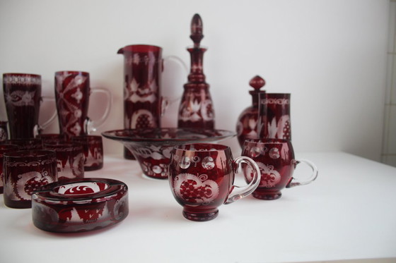Image 1 of Antique Set of 36 pieces of Artistic cut Ruby red glass, Egermann, 1950's. 