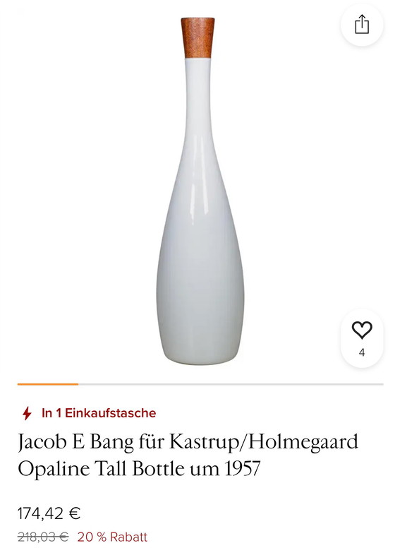 Image 1 of Jacob E Bang per Kastrup/Holmegaard Bottiglia alta opalina, 1957