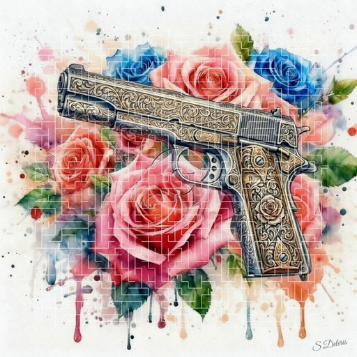 Aquarel op acrylcanvas / Guns and Roses / (60x60 cm)