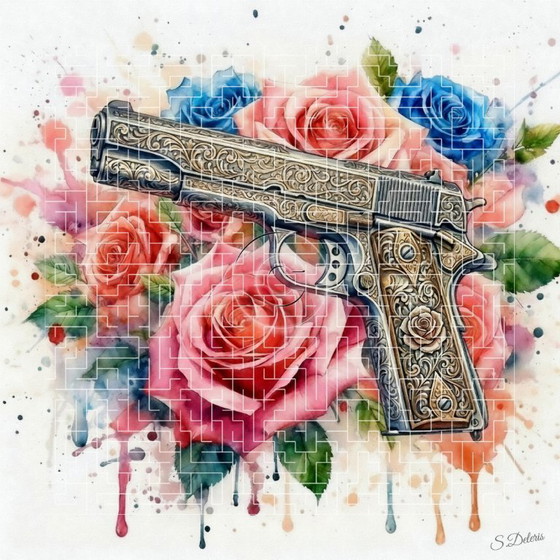 Image 1 of Aquarel op acrylcanvas / Guns and Roses / (60x60 cm)