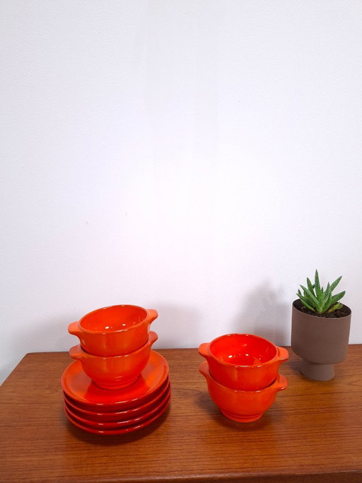 Vintage Set 4x Keramik orange Teller mit Suppenschale Wisterling, Germany