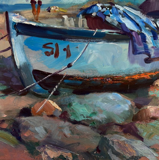 Image 1 of Original Oil Painting Summer Coastal Landscape Fishermen under the light of the sea