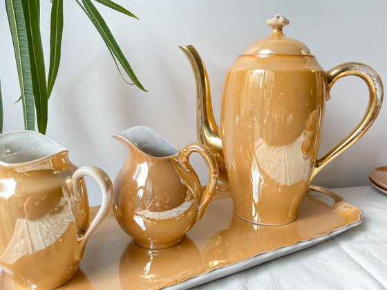 Image 1 of Service à Thé Vintage en Lustre Czecho-Slovaquia Victoria China Pêche Irisé 1950