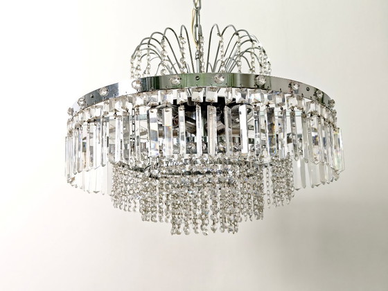 Image 1 of Mid Century Chrome Crystal Chandelier / Retro Tier Waterfall Ceiling Light / 1970s Hollywood Regency Pendant Lamp / Vintage Hang
