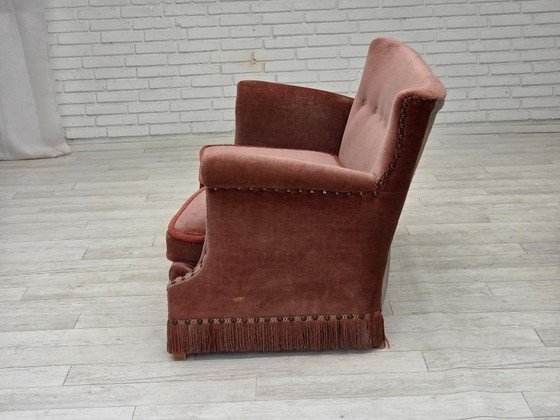 Image 1 of 1970s, Danish 2-seater sofa, original salmon pink furniture velour, beech wood.