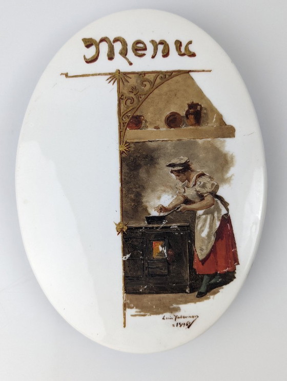 Image 1 of Luis Taberner olie op porseleinen menuplaquette Madrid 1896