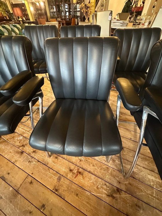 Image 1 of Set of 6 Vintage Walter Knoll ‘Art Collection’ Dining Chairs – Black Leather & Chrome