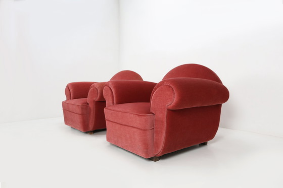 Image 1 of Ensemble de 3 fauteuils en velours rouge Art déco, années 1930
