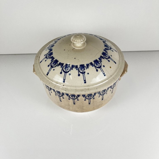 Antica bouillotte / cocotte in gres di Saint Uze, decoro blu, inizio XX secolo – Stoviglie, Ceramica (photo 3 of 14)