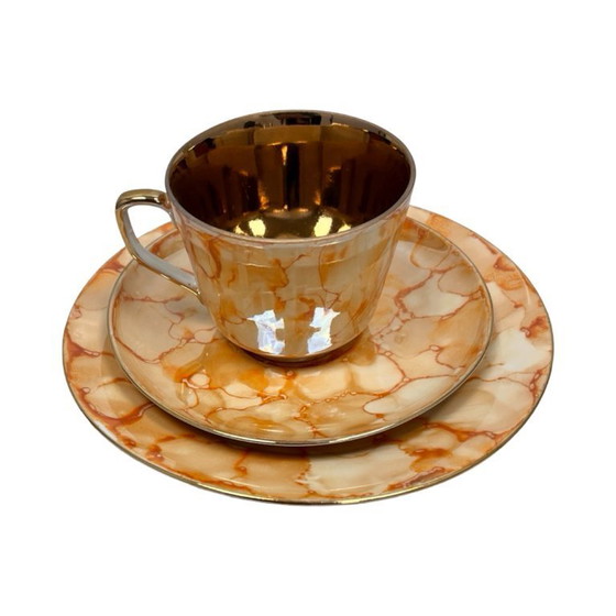 Image 1 of Chodzież "Trio" breakfast set – marbled gold design, PRL era (1970s).