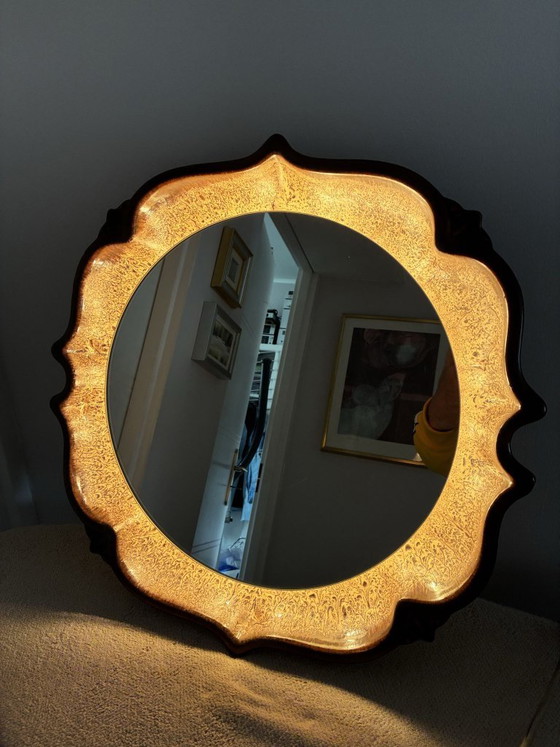 Miroir mural en céramique illuminé PAN Keramik, Allemagne de l'Ouest, années 1970, Verre, Marron (photo 2 sur 7)