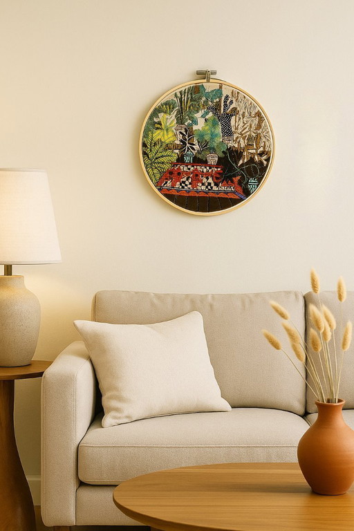 Handmade Botanical Embroidery Hoop Art – 30 cm – Colorful Indoor Plants & Kilim Rug Scene – Wall Hanging Décor