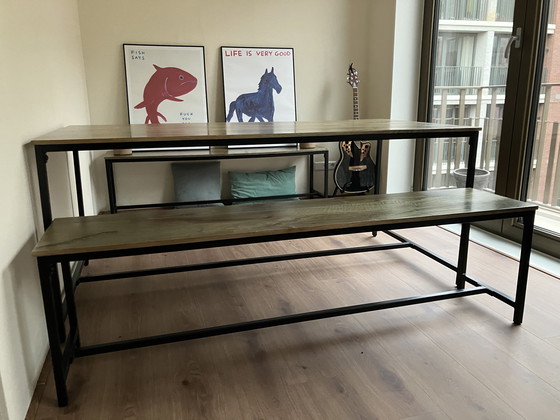 Image 1 of Large industrial dining table and benches 