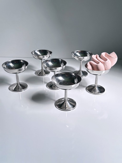 6x Italian ice cream cups Inox stainless steel foot bowl dessert bowls round ice cream cup metal cup 80s gelato cup
