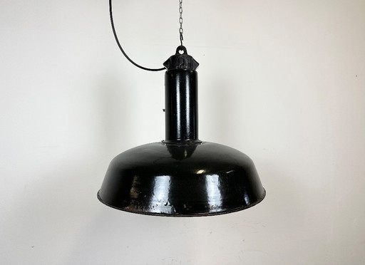 Industrial Black Enamel Factory Pendant Lamp with Iron Top, 1950s