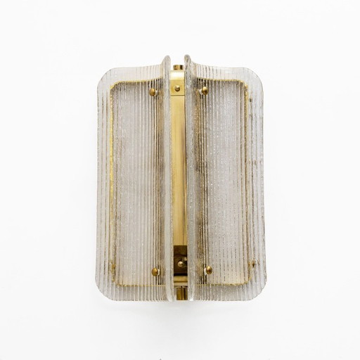 Pair of Curved Clear Ribbed Murano Glass and Brass Wall Sconces