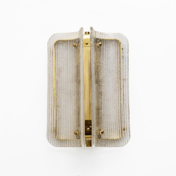 Image 1 of Pair of Curved Clear Ribbed Murano Glass and Brass Wall Sconces