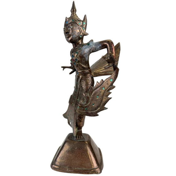 Antiek Thais vuurverguld bronzen Kinnara beeld - 19e eeuw - Ingelegde ogen – Beeldhouwkunst, Glass, Copper (photo 8 of 11)
