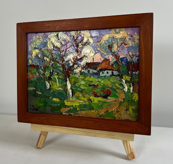 Image 1 of Original Oil Painting Day Village Landscape Spring scent of nature
