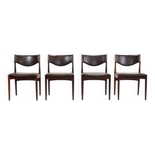 Set van 4 Johannes Andersen eetkamerstoelen in palissanderhout met bruin leer. – Andersen (Johannes), Leather, Vintage