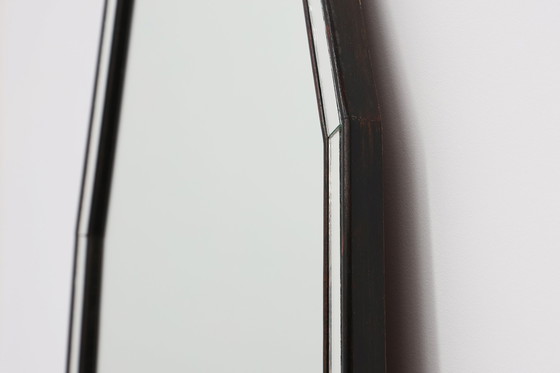 Image 1 of Miroir octogonal graphique du milieu du siècle avec cadre en bois et miroir noir, années 1960.