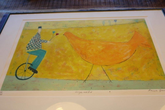 Unicycle and bird, signed, screen print Annora Spence, framed 195/295, Lithographs & prints, Glass (photo 2 of 11)