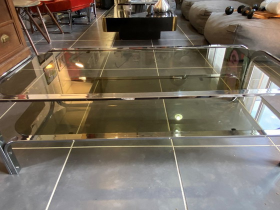 Image 1 of Table basse double plateau verre chrome style Bauhaus vintage 1970
