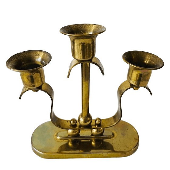 Image 1 of Candelabro antiguo Art Déco de latón de tres brazos, década de 1920.