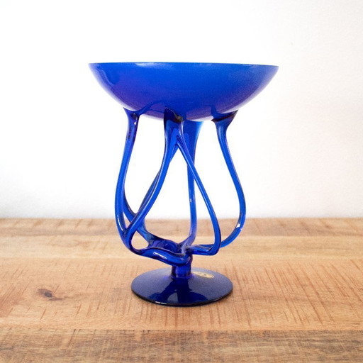 Cobalt blue glass vase in the shape of a jellyfish: hand-blown Polish glass, Josefina Krosno style