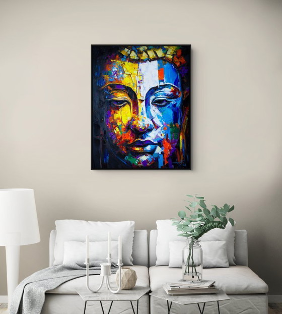 Image 1 of Uniek handgeschilderd Boeddha schilderij “Golden Balance” – Seksak Jaichumchen – 80×100 cm