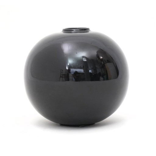 Spherical vase in black glazed ceramic by Gabbianelli, 1960s