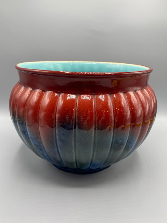 Sarreguemines Slipware Planter – Polychrome Red and Blue Glazes – Crockery, Ceramic, Art Nouveau (photo 3 of 11)