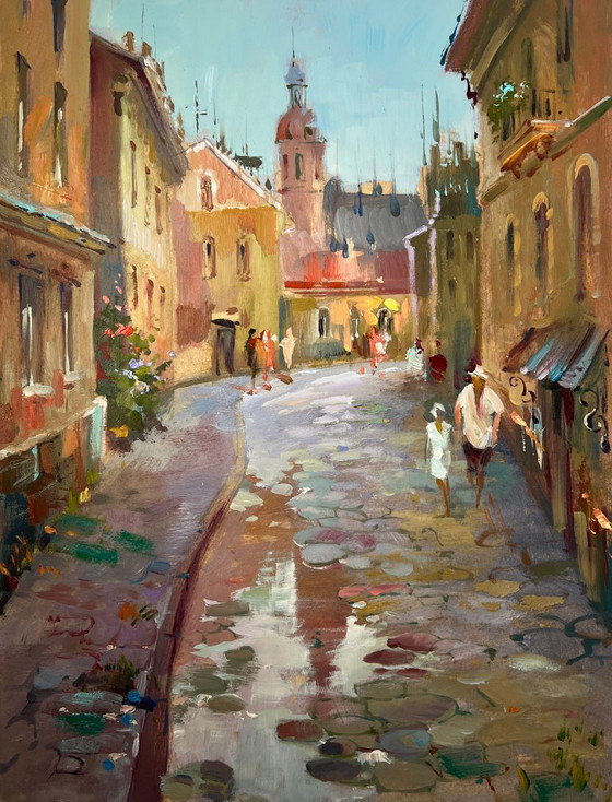 Image 1 of Peinture à l'huile originale, paysage de rue de ville, ruelle d'enfance