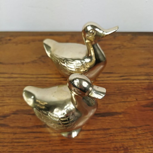 Set aus zwei Messingstatuen zweier Enten. Messingfigur