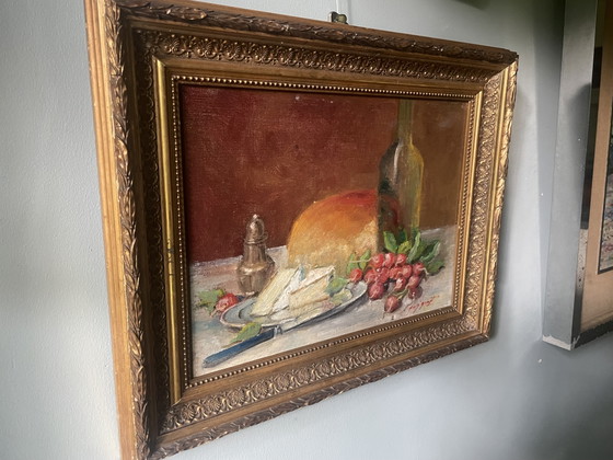 Image 1 of French stillife with brie, radishes and wine