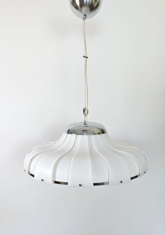 Image 1 of Vintage XL Meblo Pendant Light / Rare Meblo Guzzini Ceiling Light / White Acrylic Light/ Mcm Lightning / Big Hanging Light 