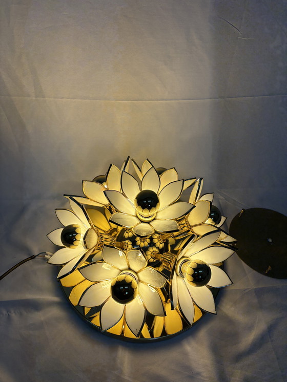Image 1 of Plafonnier Lotus vintage style Hollywood Regency, en laiton et or