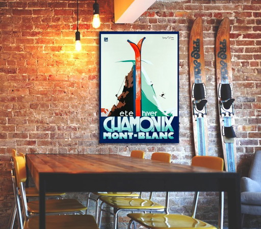 Chamonix Mont-Blanc, Sommer Winter - Vintage-Skiplakat von Henry Reb 70 x 100 cm