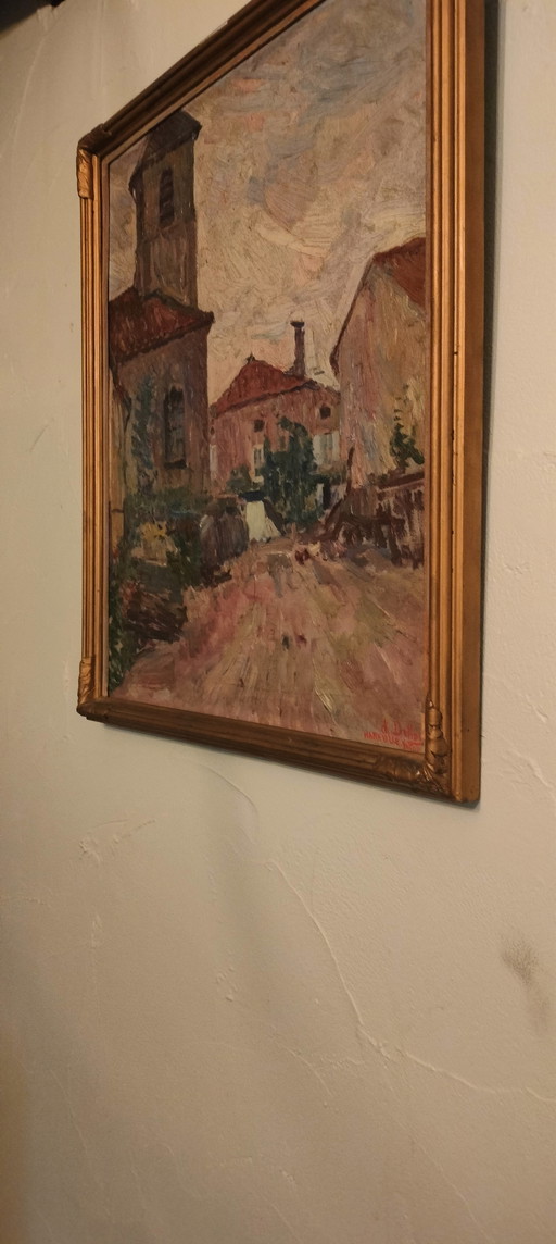 Painting by artist Charles Dehoy 1872-1940 from Brussels Saint-Gilles - the work depicts a village in Hareville in France